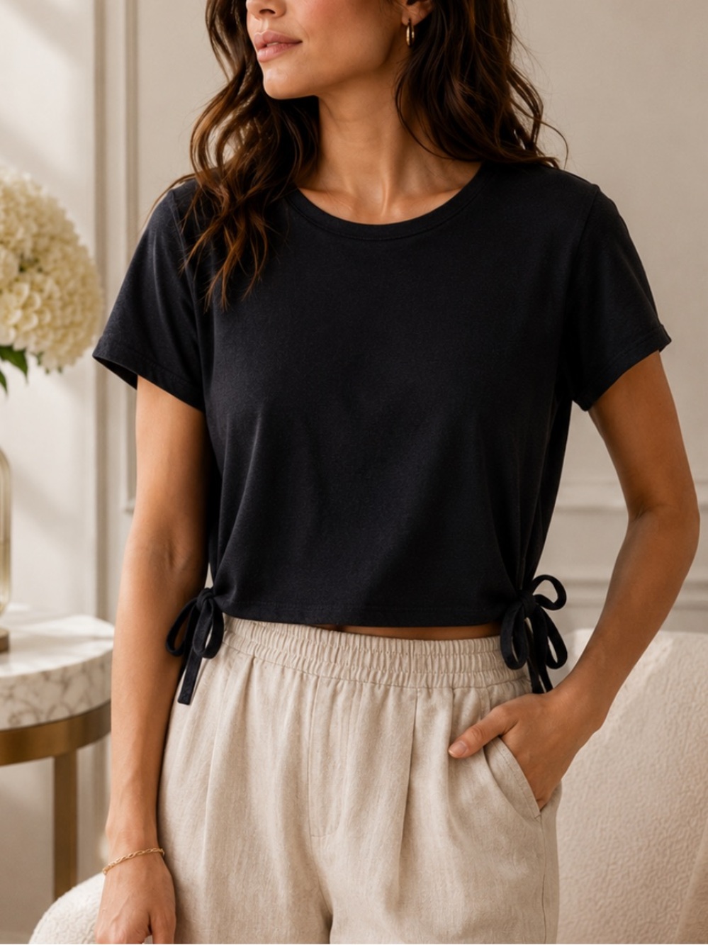 Madewell Black Short-Sleeve Crop Top with Side Ties